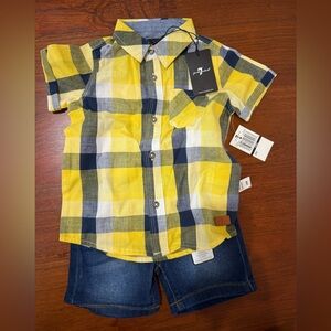 7 for all Mankind Yellow and Navy Plaid Button Down Shirt